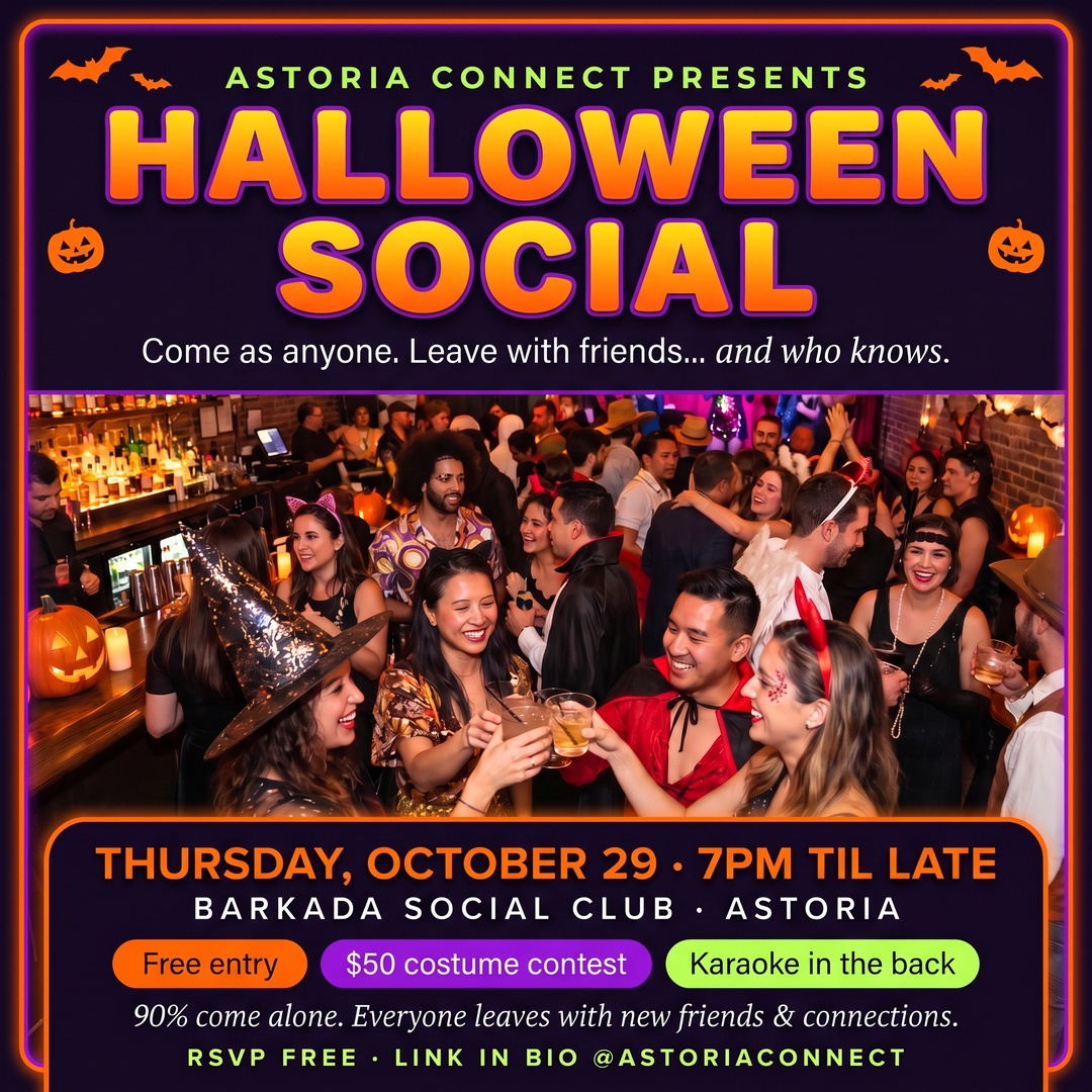 Astoria Connect Halloween Social flyer, a free social at Barkada Social Club in Astoria, Queens